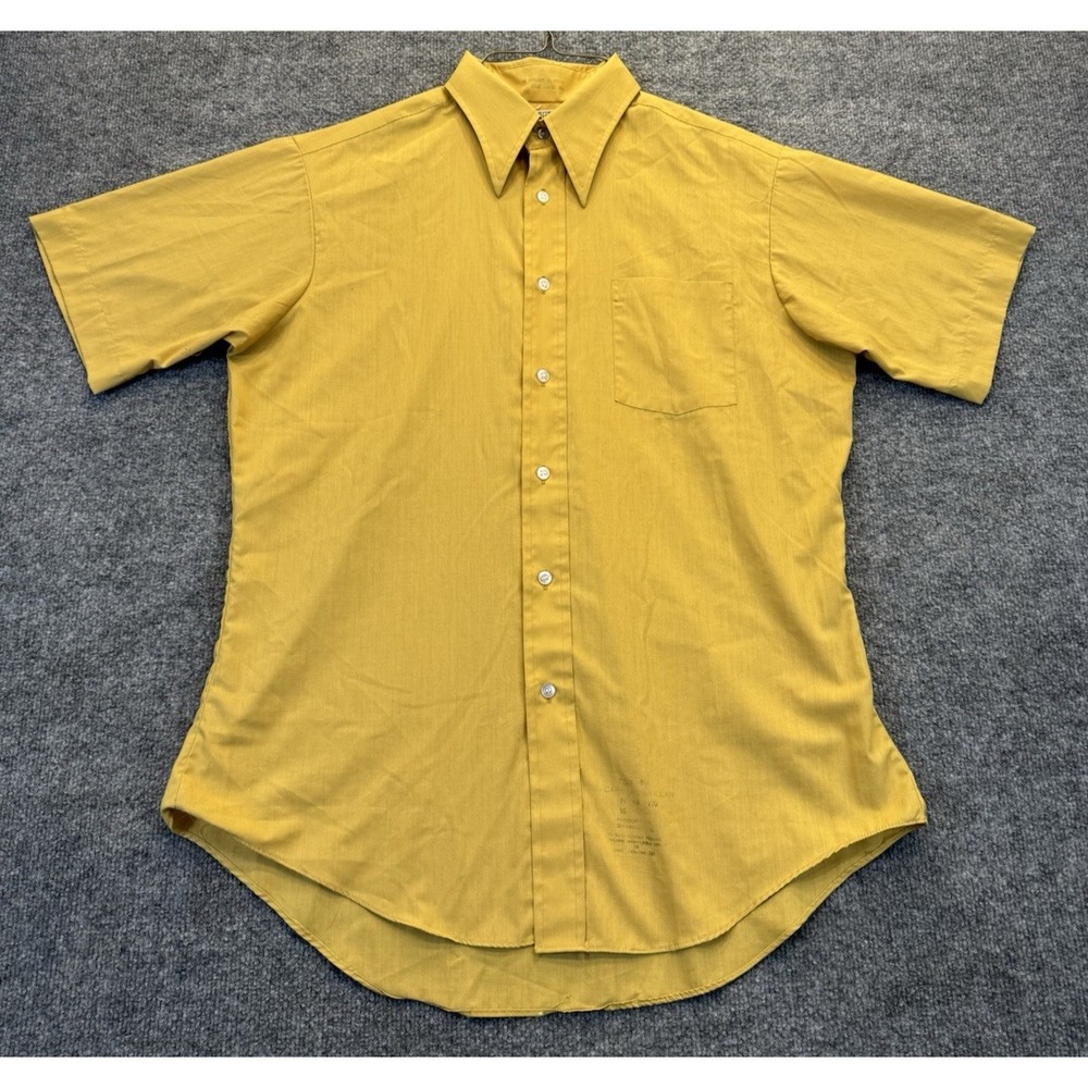 Vintage 70s Sears Perma Prest Shirt Gold Mustard Short Sleeve Men's 16 XL